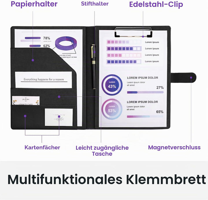 A4 Schreibmappe Klemmbrett, Klemmbrettmappe A4 mit Deckel, Dokumentenfächern, Stiftehalter, und Magn