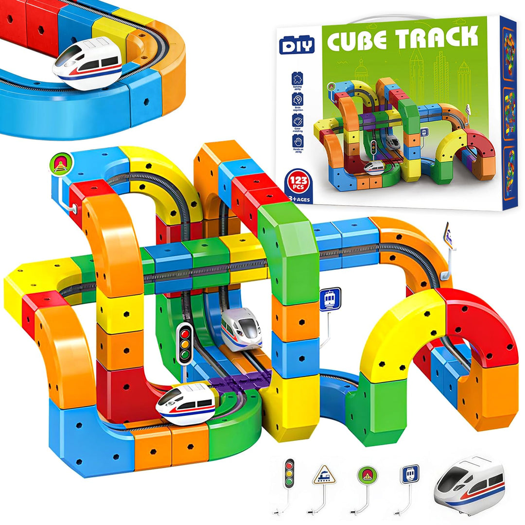 123PCS Elektrisches Zugset,Elektrisches Magisches Schienen WüRfelzug Set,Cube Track Block mit Schwer