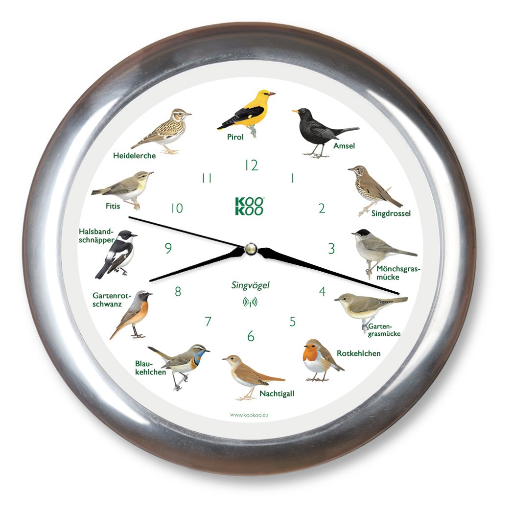 KOOKOO Singvögel Chrom, Die Singende Vogeluhr, mit 12 heimischen Singvögeln und echten, natürlichen