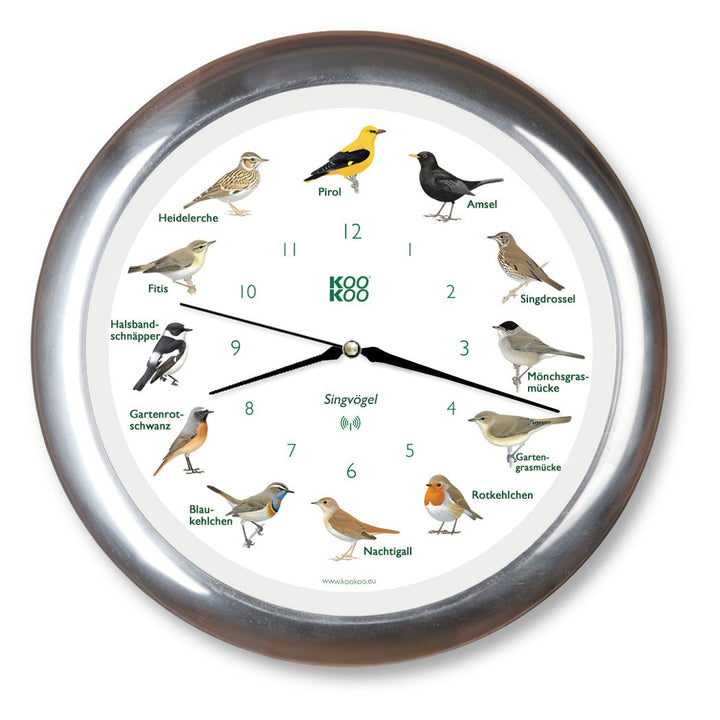 KOOKOO Singvögel Chrom, Die Singende Vogeluhr, mit 12 heimischen Singvögeln und echten, natürlichen