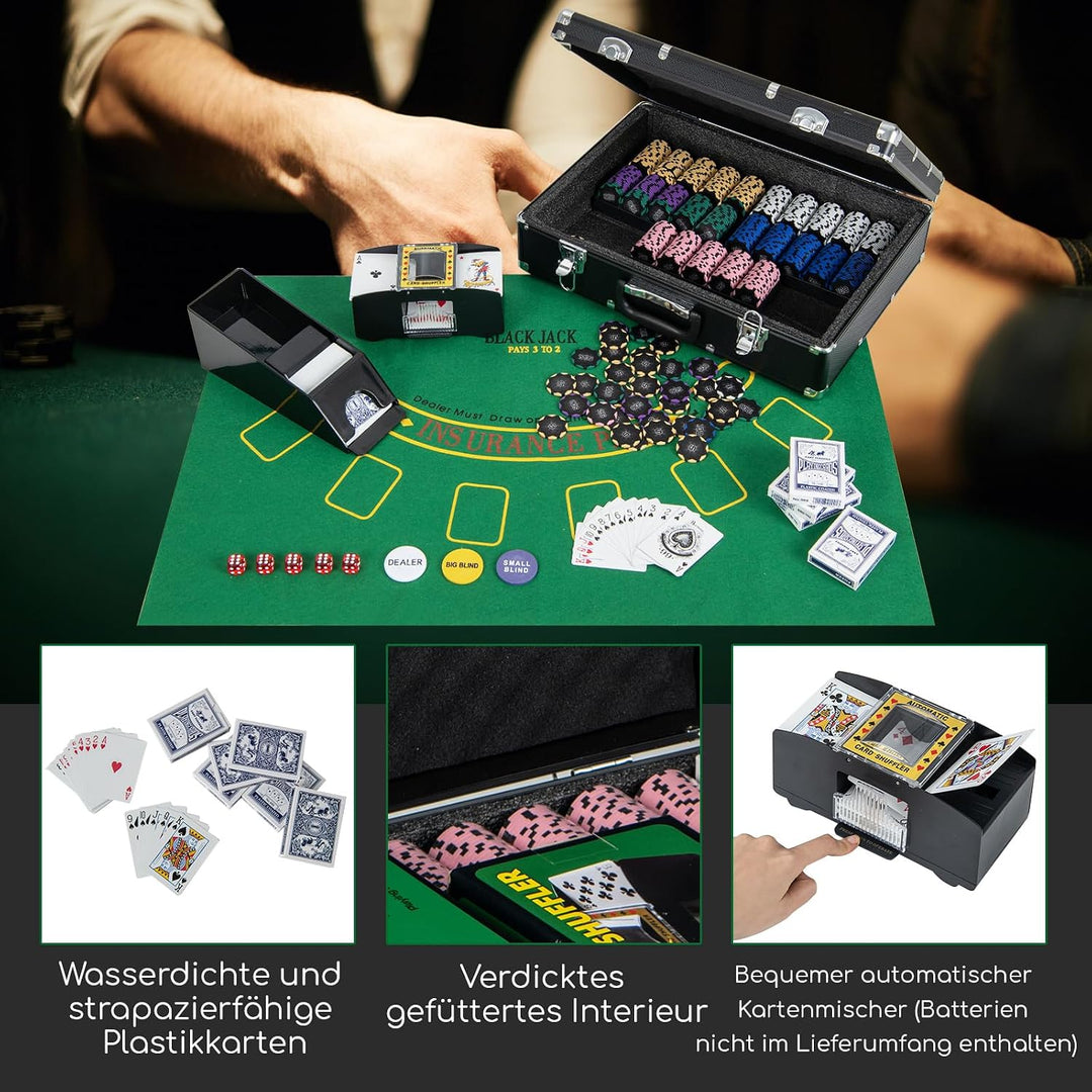 COSTWAY Pokerset 600 Chips, Pokerkoffer mit 6 Kartendeck, 5 Würfel, Dealer Button, Matte, Kartenmisc