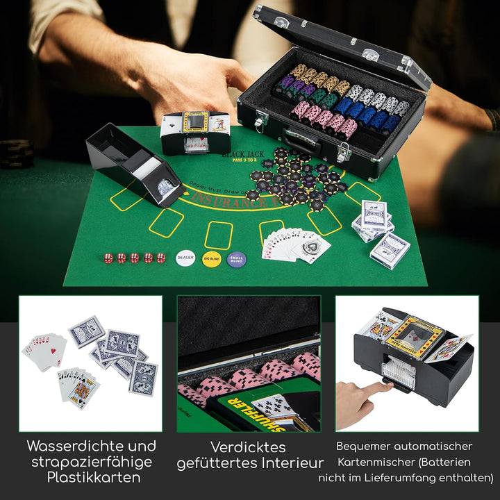 COSTWAY Pokerset 600 Chips, Pokerkoffer mit 6 Kartendeck, 5 Würfel, Dealer Button, Matte, Kartenmisc