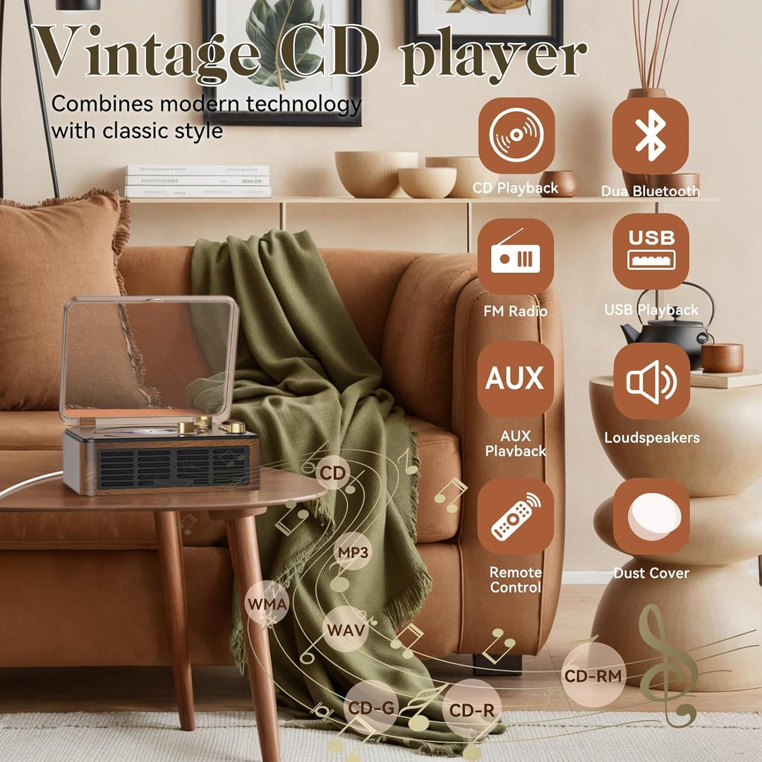 KOVCDVI CD Player Bluetooth Retro Radio mit CD Player mit Lautsprecher Unterstützung USB & AUX-Wiede