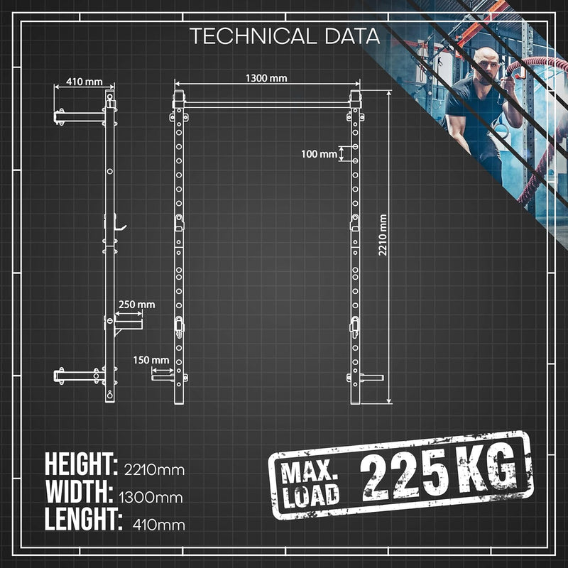 K-Sport: Wandrack – Squat Rack mit Klimmzugstange zur Wandmontage bis 225 kg belastbar I Kniebeugest