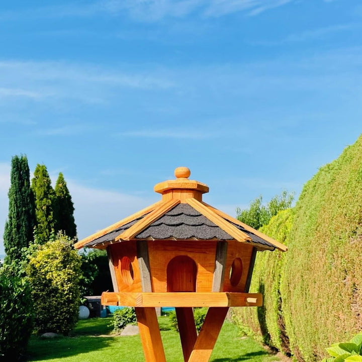 Vogel Futter Haus L oder XL Sechseck Holz Vogelhaus Futterstelle Braun/Blau, Rot, Schwarz und Grün (