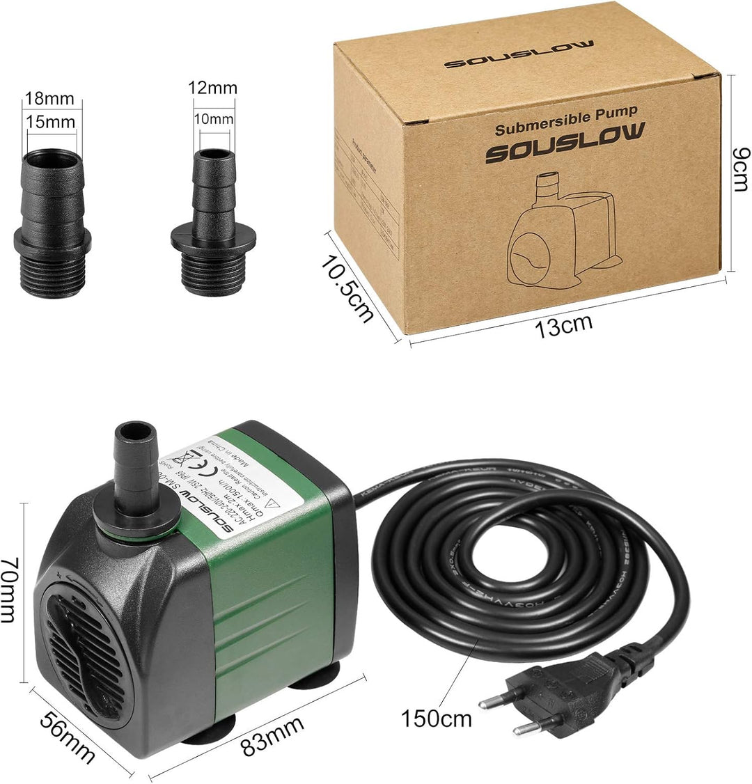 SOUSLOW Water Pump Submersible Pump 25W 1500L/H AC220-240V with 2 Nozzles for Aquarium Pond Fountain