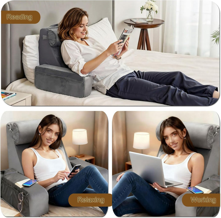 Gross lesekissen für Bett und Sofa, Erwachsene Rückenkissen Bett mit Nackenrolle &amp; Armlehnen, Ergono