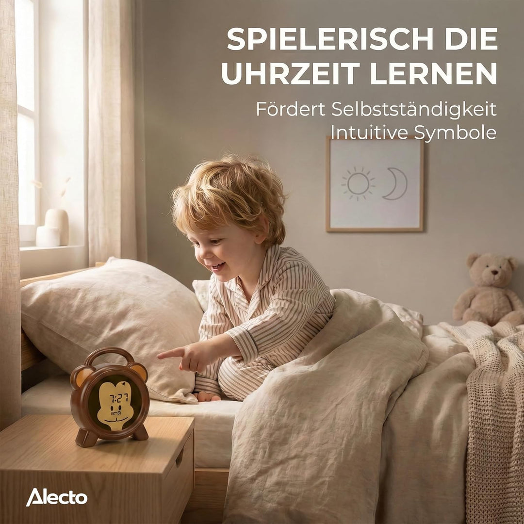 Alecto BC-100 Monkey Wecker Kinder - Kinderwecker USB Aufladbar - Kinder Wecker mit Nachtlicht - Sch