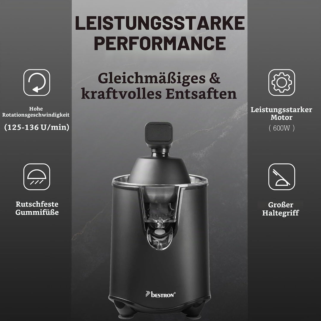 Bestron elektrische Saftpresse, Orangenpresse mit Auslauf-Stopp Funktion &amp; edelstahl Fruchtfleischsi