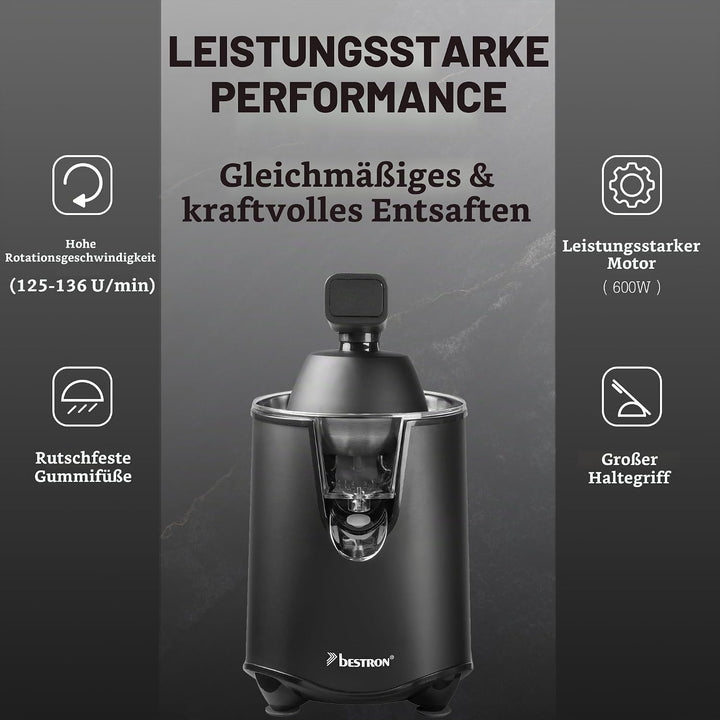 Bestron elektrische Saftpresse, Orangenpresse mit Auslauf-Stopp Funktion &amp; edelstahl Fruchtfleischsi