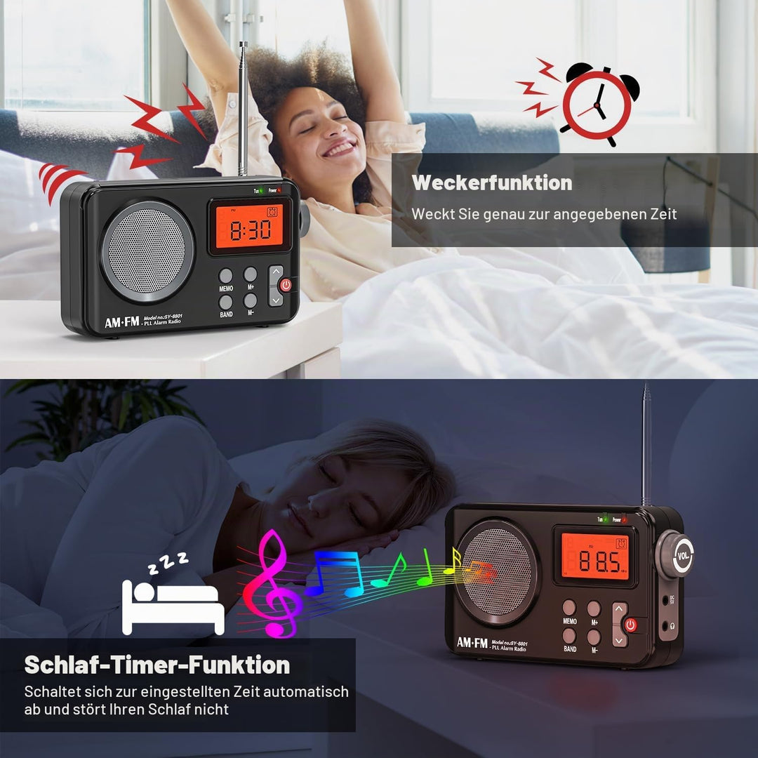 Tendak Radio Batteriebetrieben FM UKW AM, Radio Klein mit Grosses Display/Timing-Funktion/Wecker, Tr