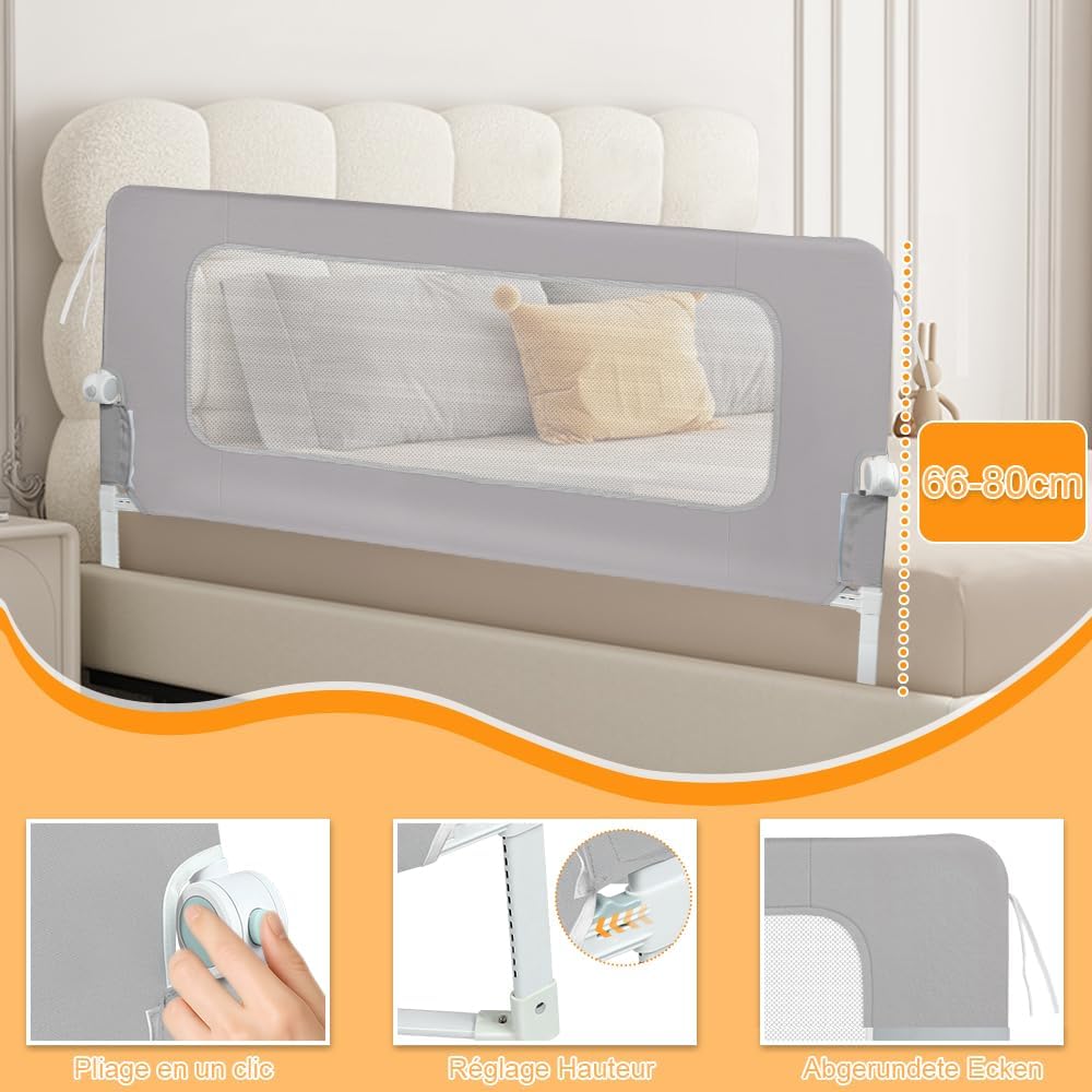 OHMG Bettgeländer,Sicherheitsgitter für Kinder,Sicherheitsgitter für Bett,höhenverstellbar,tragbar,B