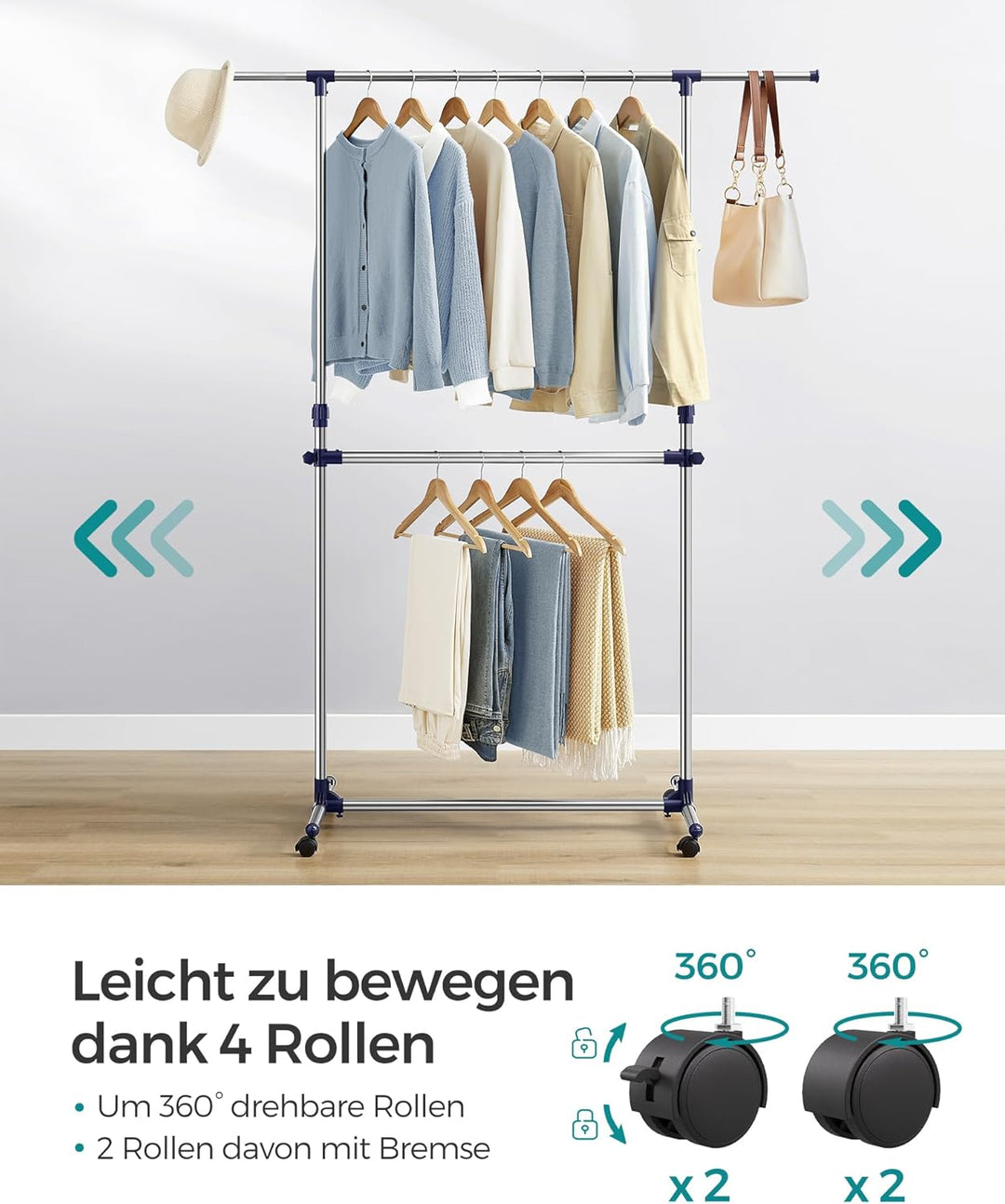 SONGMICS Kleiderständer, Garderobenständer, verstellbare Kleiderstange, mit Rollen, aus mit Edelstah