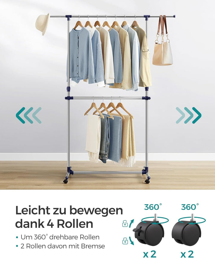SONGMICS Kleiderständer, Garderobenständer, verstellbare Kleiderstange, mit Rollen, aus mit Edelstah