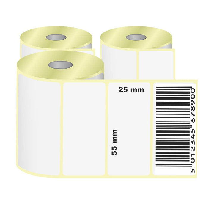 Thermo etiketten 55x25 mm – 3 Rollen à 1000 Thermoetiketten auf Rolle – Barcodeetiketten, Lageretike