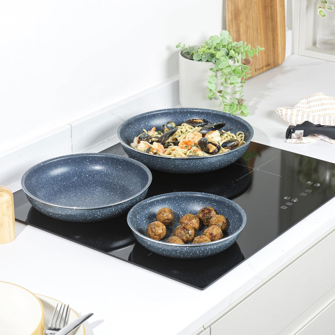 Russell Hobbs Nightfall Stone Pfannenset – Smart Clip Antihaftpfannen, 20, 24 & 28 cm, mit abnehmbar