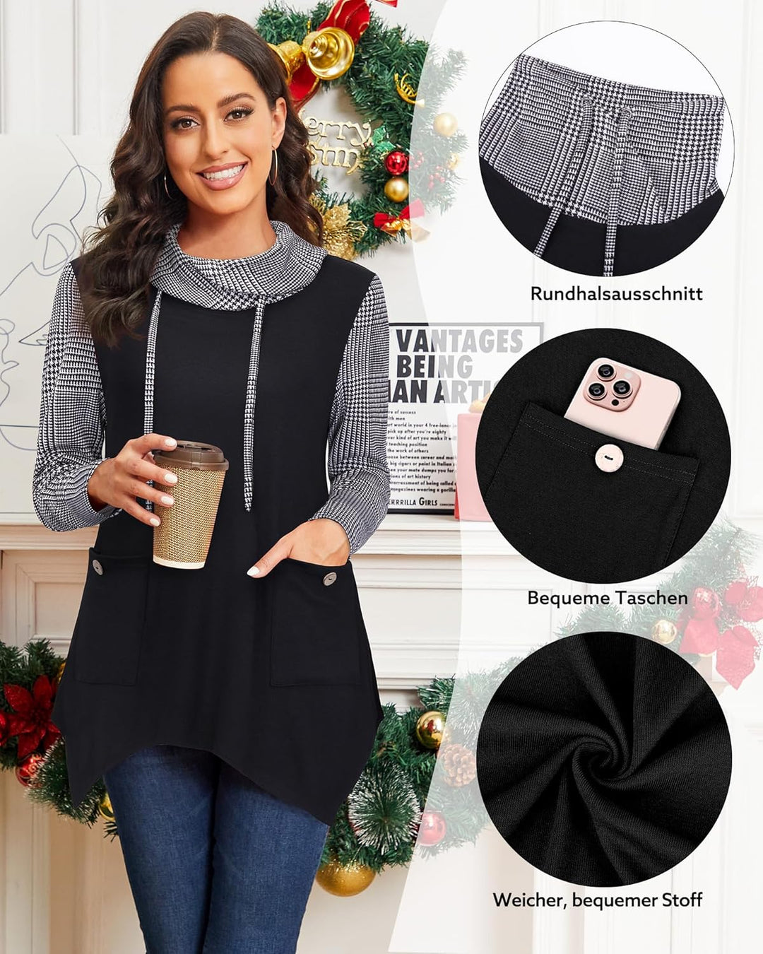 Amrto Damen Tunika Tops Turtleneck Langarm Shirts Bluse Hemd Pullover Mit Taschen, Hahnentritt