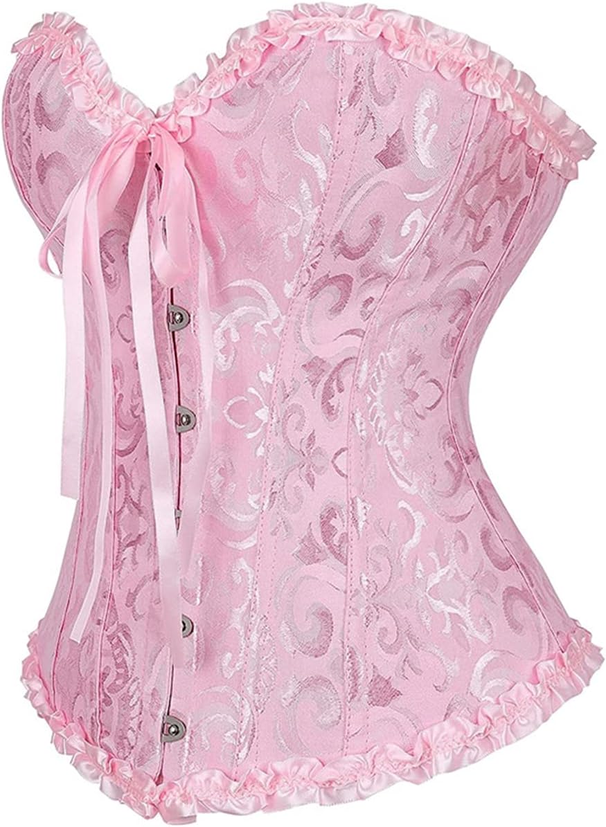 Damen Korsett Bauchweg Vollbrust Corsage Top Gothic Burlesque Schnüren Bustier Rosa S, Rosa S
