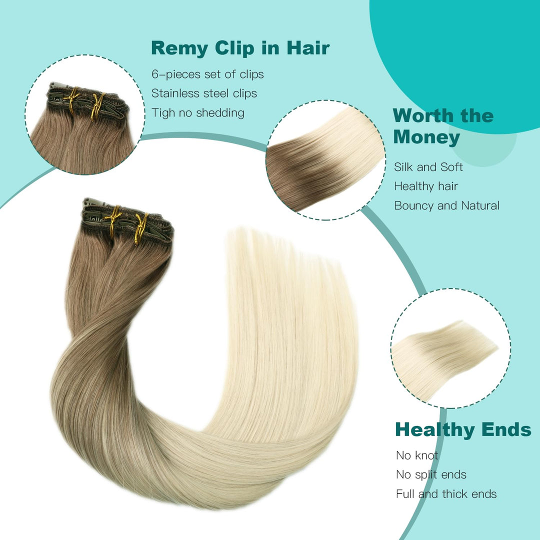 SURNEL Clip Extensions Echthaar Blond Echthaar Clip in Extensions Farbe Hellbraun Mit Platinblond 22