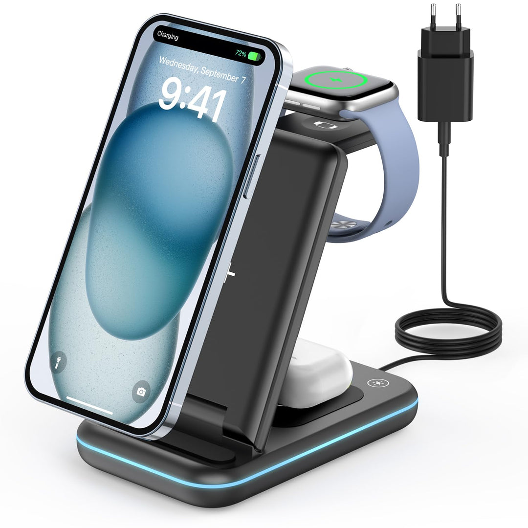 JoyGeek 3 in 1 Kabelloses Ladegerät, Faltbar Wireless Charger für i Phone 15/14/13/12/11/Pro Max/X/8