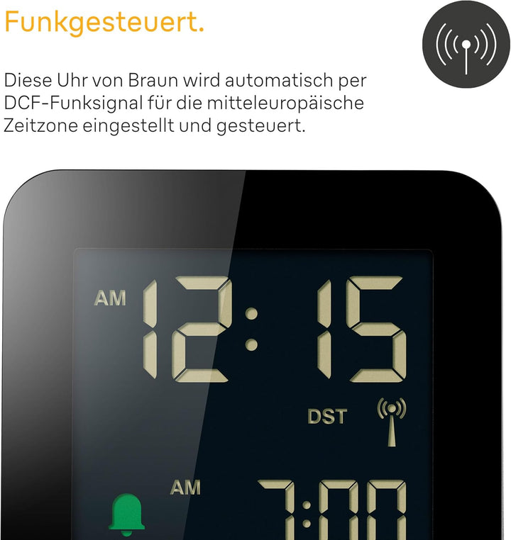 Braun Digitaler Funkwecker Mitteleuropäische Zeitzone (MEZ) mit Schlummerfunktion, Negatives LC-Disp