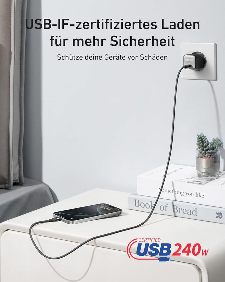 Anker Nano USB C auf USB C Kabel, 240W 1,8m flexibel farbig geflochten, USB C Schnellladekabel Typ C