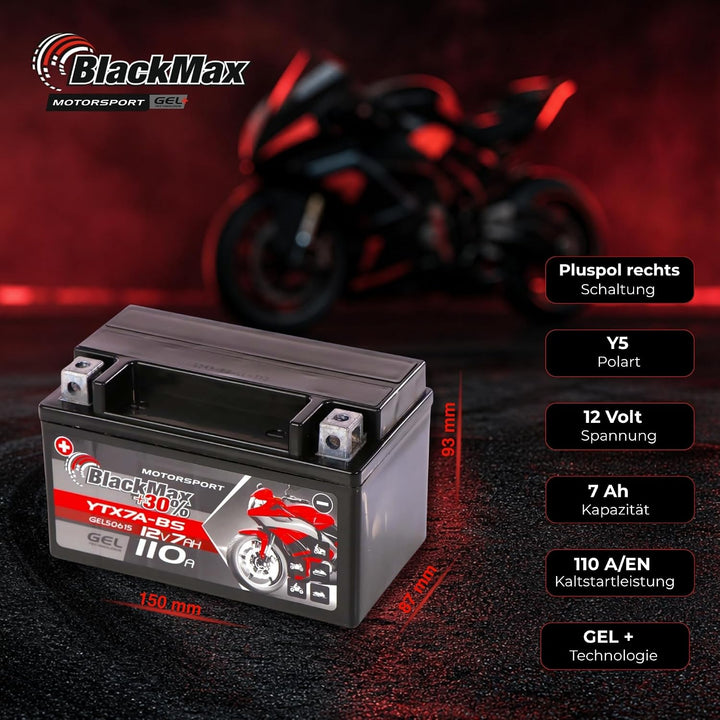 BlackMax YTX7A-BS Motorradbatterie GEL 12V 7Ah CTX7A-BS JMTX7A-BS Batterie 50615 7Ah - 110A - YTX7A-