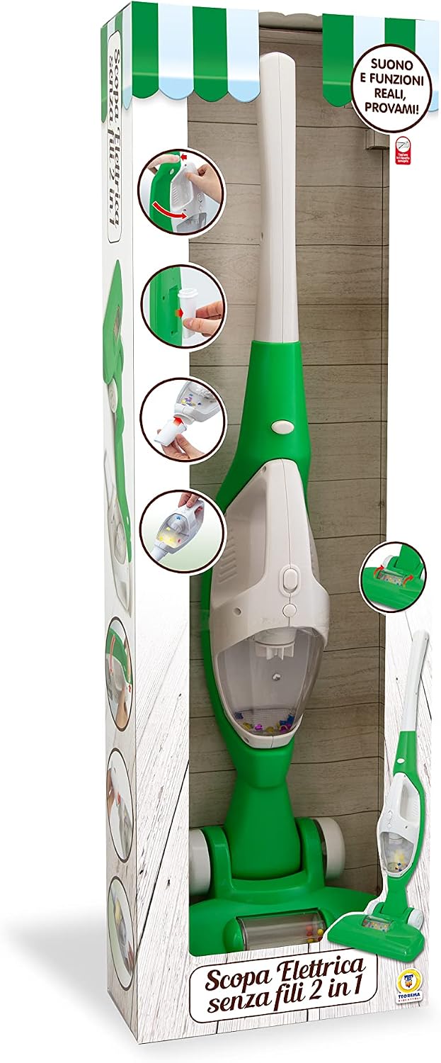 Teorema Toys 67064 Kabelloser Staubsauger 2 in 1 mit echten Lichtern und Klängen, Farbe Grün,