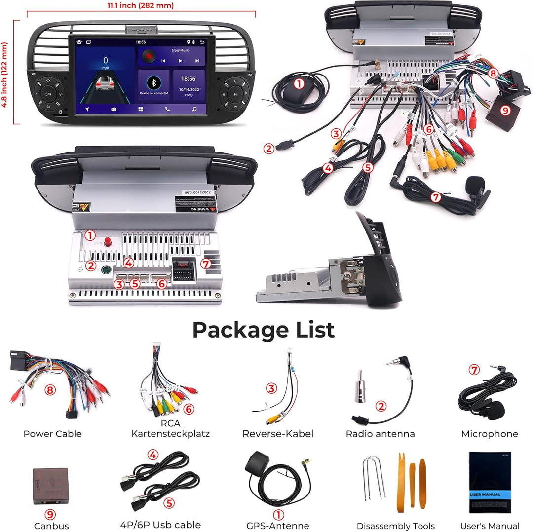 Android Autoradio für FIAT 500 2007-2015, 7-Zoll Radio 2+32GB Headunit mit kabellosem Carplay/Androi