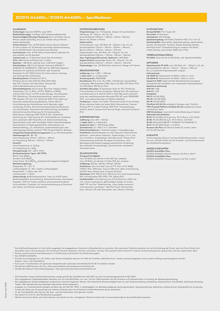 Kyocera Ecosys MA4500ix Multifunktionsdrucker Schwarz Weiss, Duplex-Einheit, 45 Seiten pro Minute, D