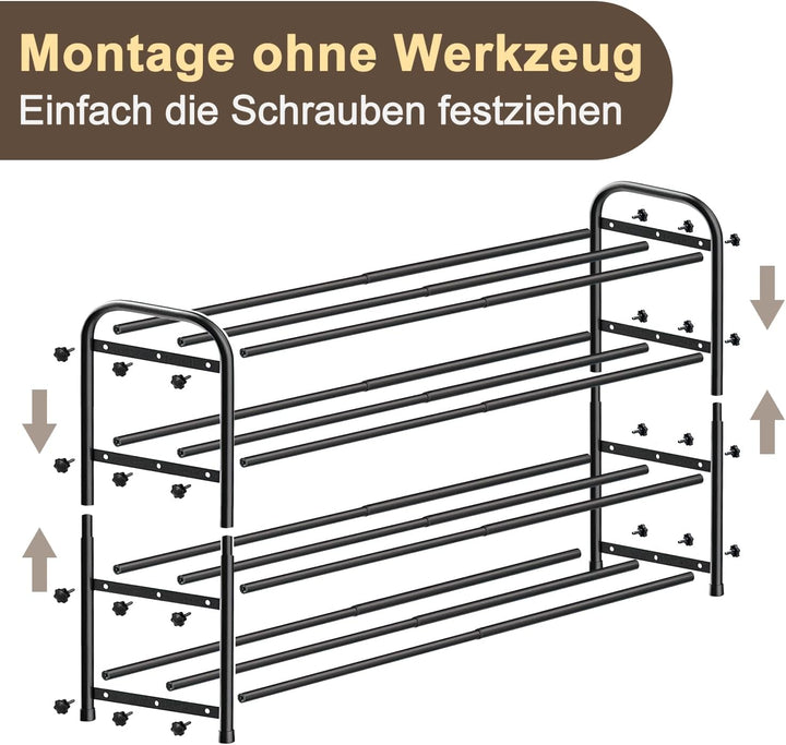 Schuhregal gross schmal ausziehbar 4 Ebenen, Schuhschrank hoch schwarz Metall, Breite 43-78 cm, für