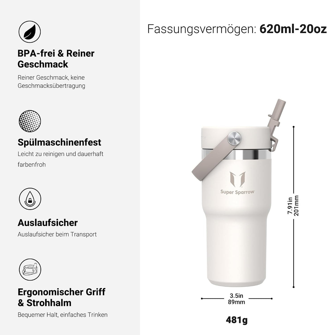 Sparrow Trinkflasche Edelstahl - Twistpath Thermosflasche mit Flex-Strohhalmdeckel - 620ml - BPA-fre