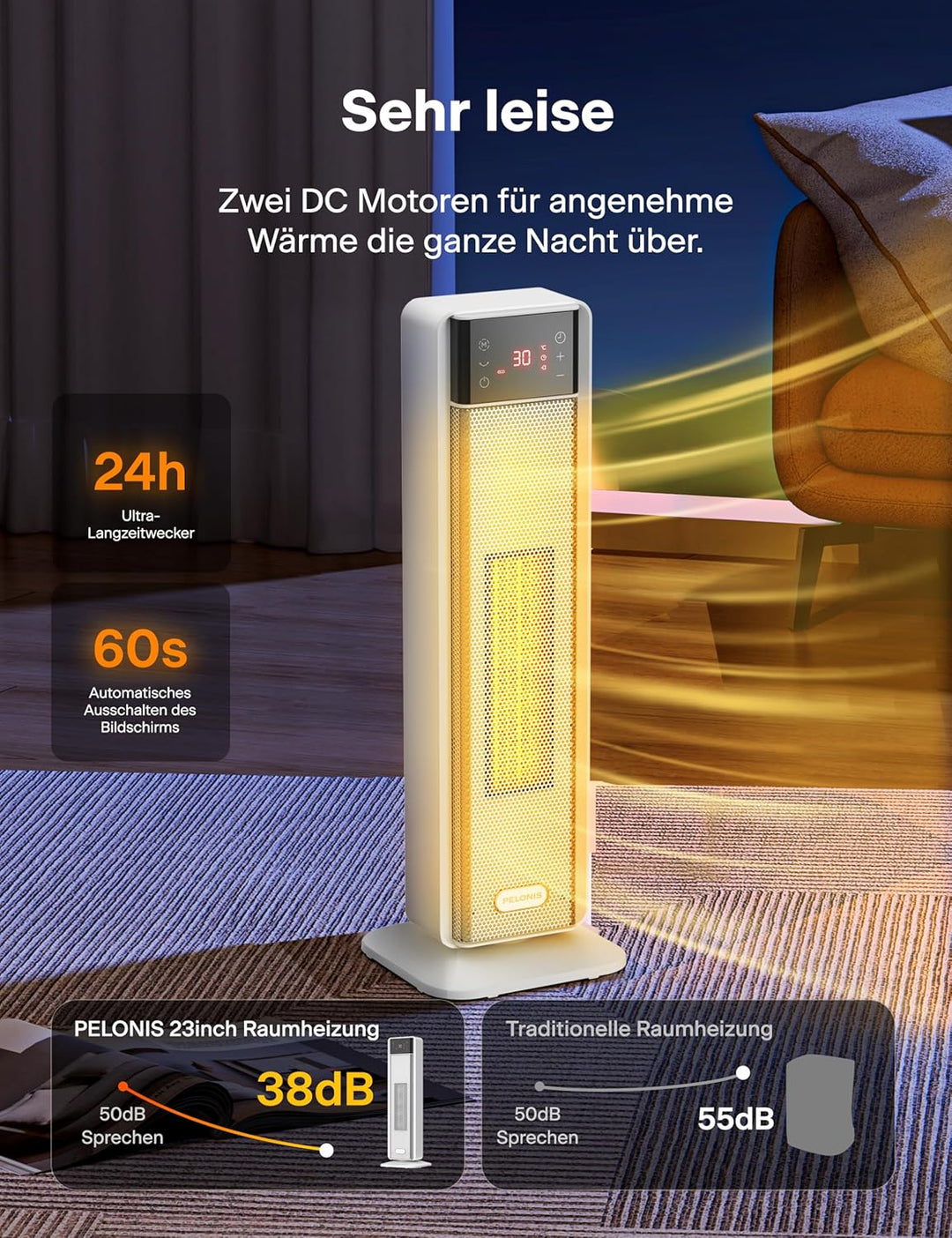 PELONIS Heizlüfter 2000W, Elektroheizung mit Thermostat und Fernbedienung, 75° Oszillation & 24-Stun