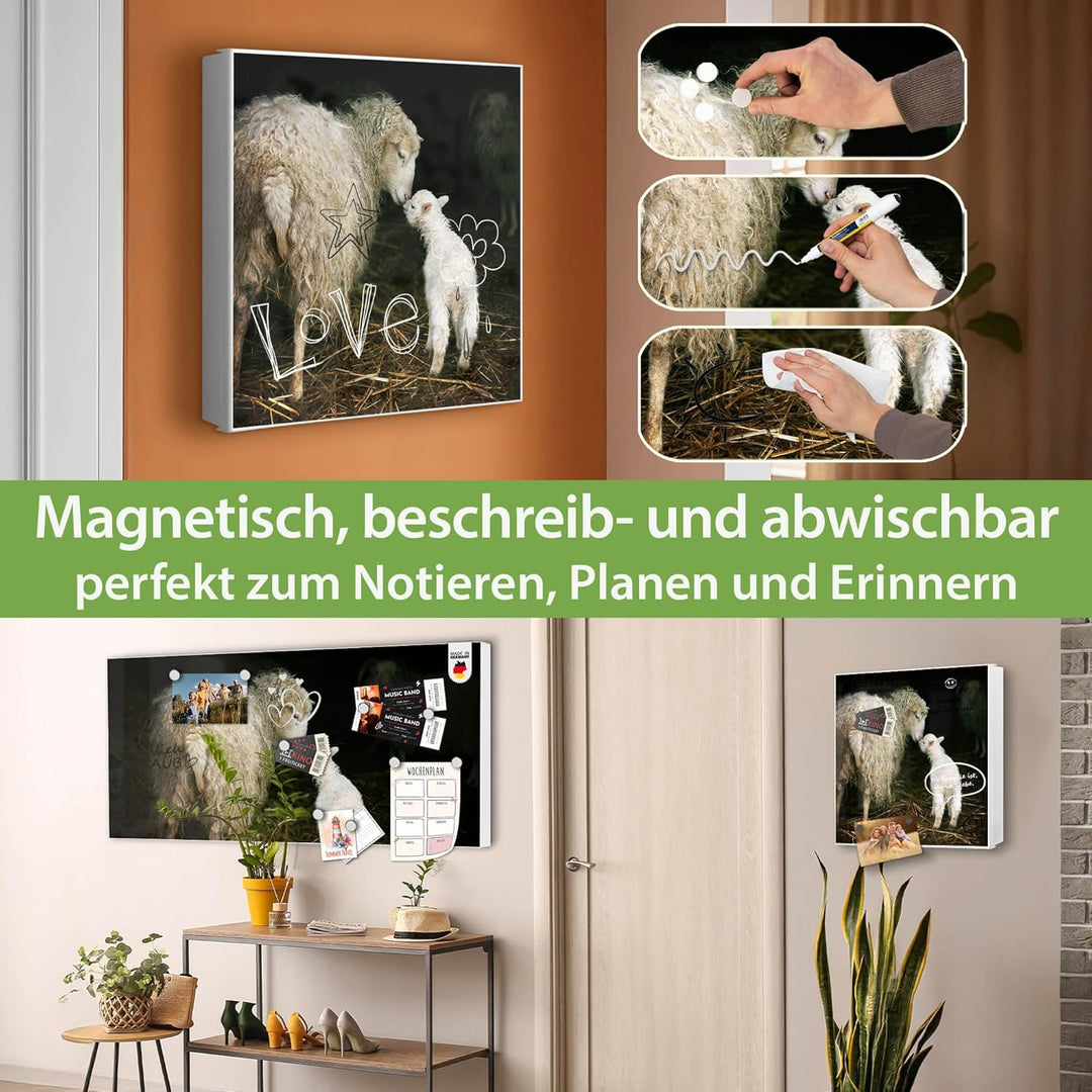 banjado® Grosser Schlüsselkasten Glas/Schlüsselbox 30cm x 30cm mit 50 Haken - Motiv Schaf Und Lamm/S