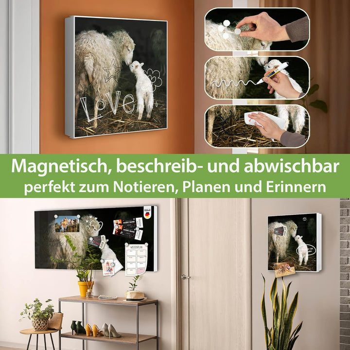 banjado® Grosser Schlüsselkasten Glas/Schlüsselbox 30cm x 30cm mit 50 Haken - Motiv Schaf Und Lamm/S