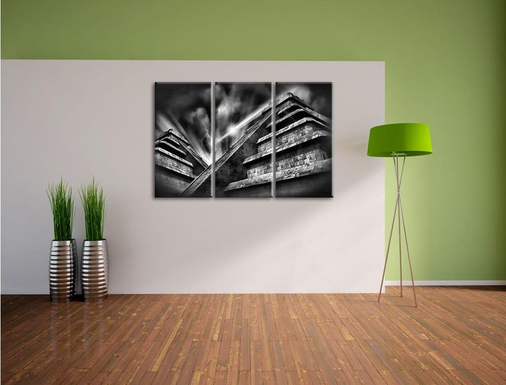 Pixxprint Monocrome, Majatempel bei Gewitter 3-Teiler Leinwandbild 120x80 Bild auf Leinwand