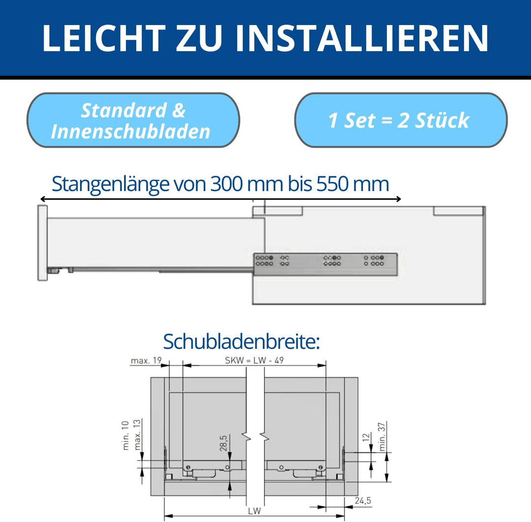 GTV Unterflurführung Schubladenschienen Vollauszüge Schubladenauszüge - 550 mm - Soft-Close Schienen