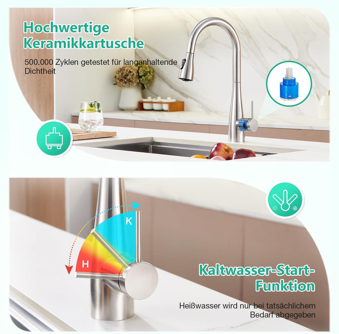 CREA Wasserhahn Armatur Küche Ausziehbar, Küchenarmatur mit Brause 3 Wasserstrahlarten, Hochdruck Ei