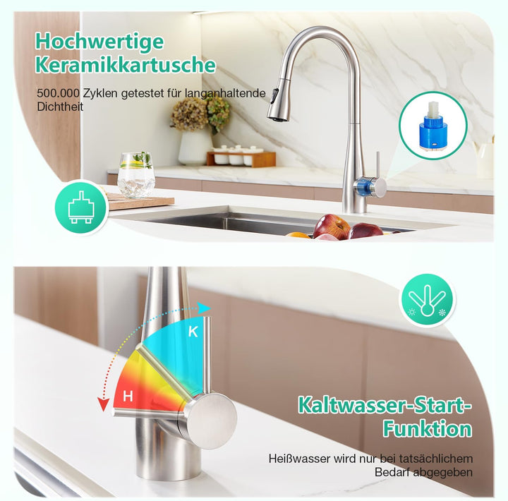 CREA Wasserhahn Armatur Küche Ausziehbar, Küchenarmatur mit Brause 3 Wasserstrahlarten, Hochdruck Ei