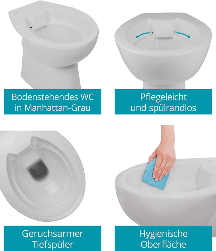 Calmwaters Stand-WC spülrandlos in Manhattan-Grau, Tiefspüler mit Abgang waagerecht, hygienische Toi