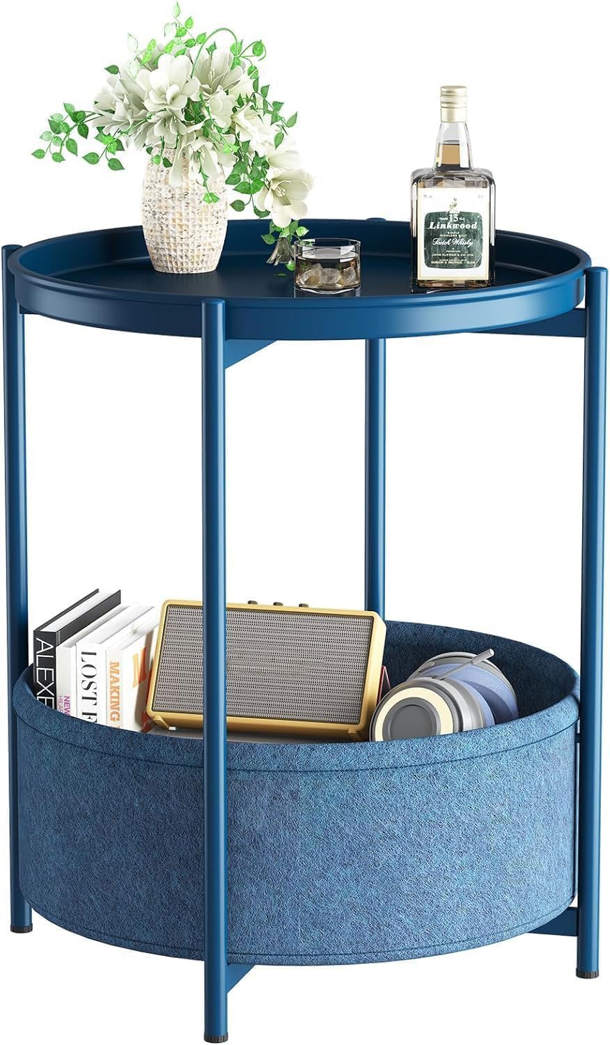 Beistelltisch Rund, Kleiner Tisch, Metall Balkontisch, Sofatisch 2 Ebenen, Couchtisch mit Korb aus S