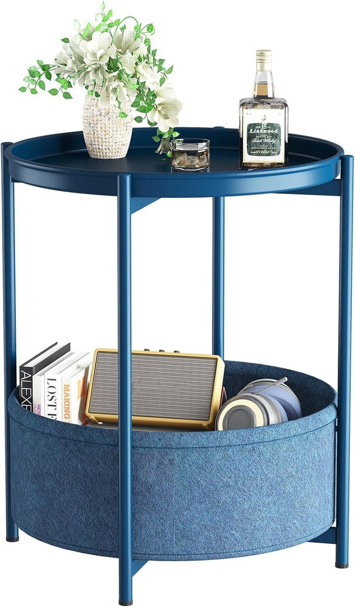 Beistelltisch Rund, Kleiner Tisch, Metall Balkontisch, Sofatisch 2 Ebenen, Couchtisch mit Korb aus S