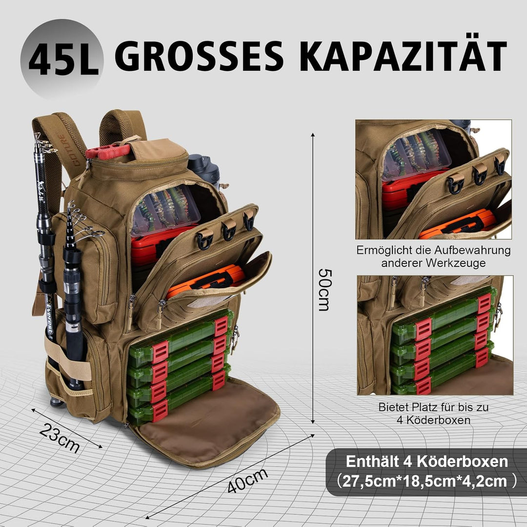 Goture Angelrucksack mit 4 Köderbox Angeln, 45-Liter Angelzubehör-Rucksack mit Zwei Rutenhaltern und
