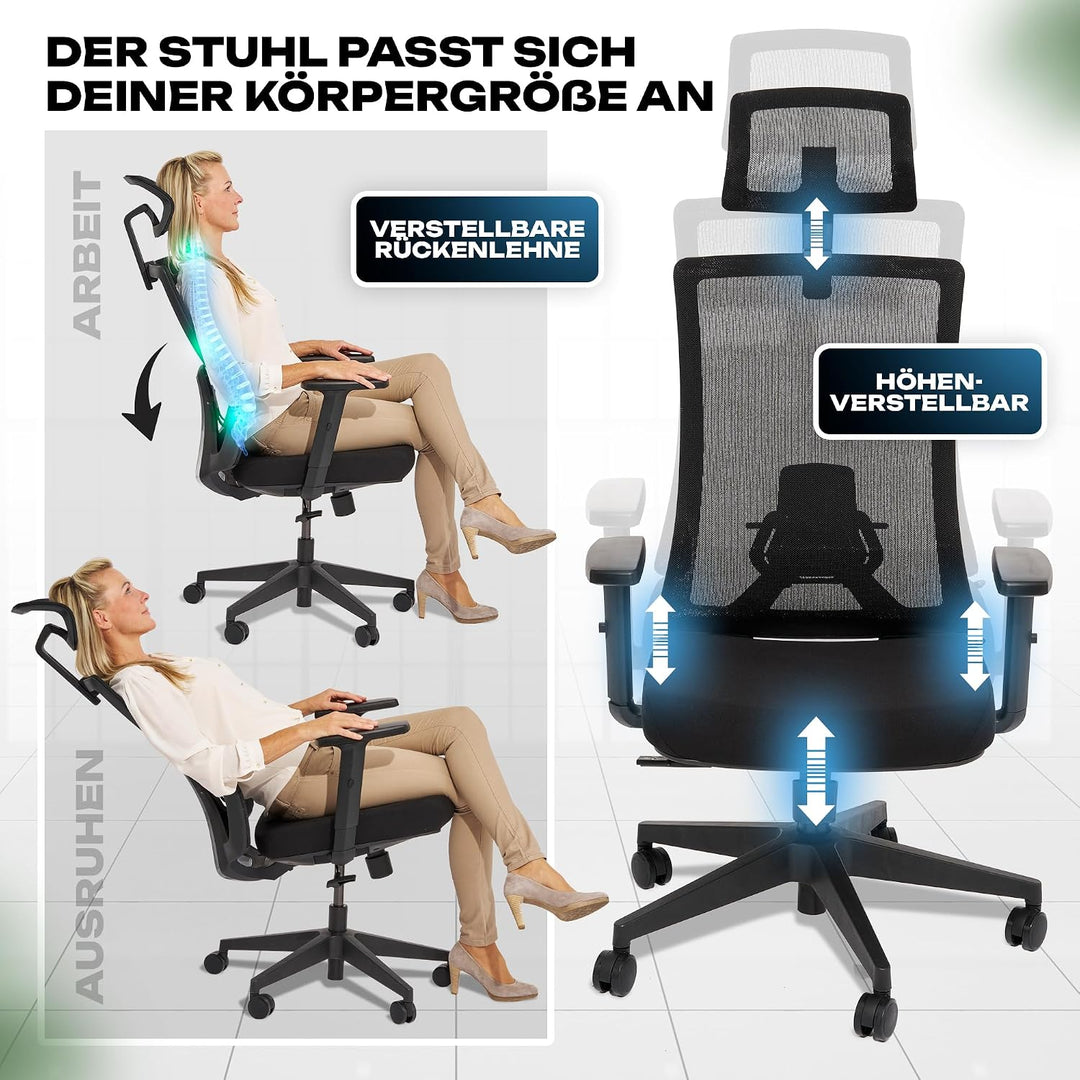 VALKENSTOL M3 Ergonomischer Bürostuhl 150 kg – [Höhenverstellbare Lordosenstütze] Schreibtischstuhl