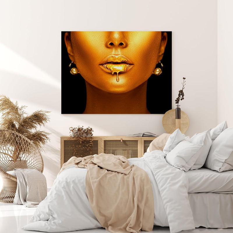 wandmotiv24 Leinwand-Bild Gold Collection, Grösse 40x30cm, Querformat, Frau in Gold, tropfende Farbe