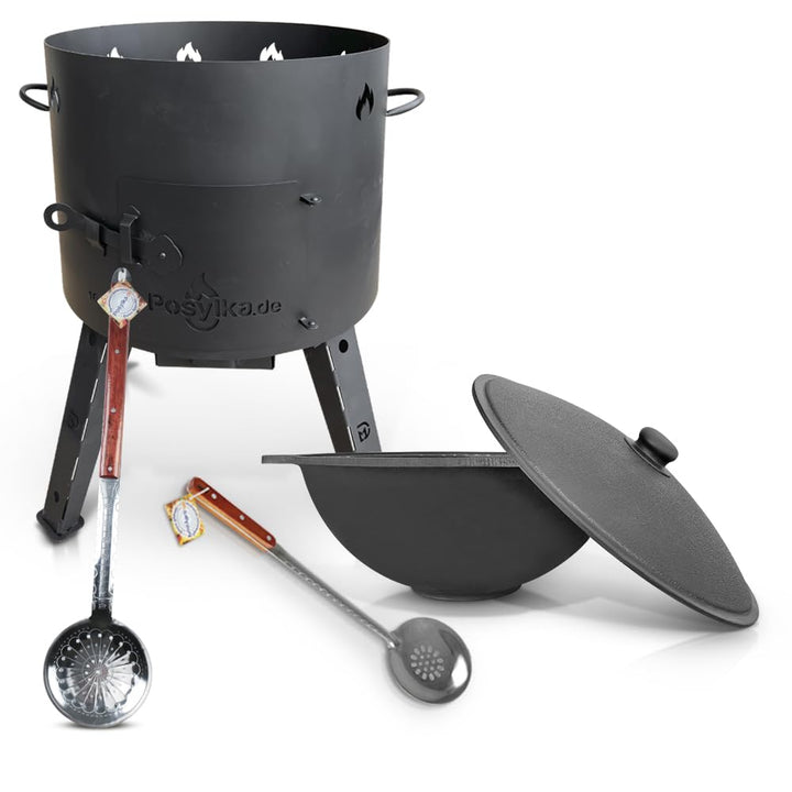 Utschak Feuerofen mit Gusseisen Topf flacher Boden mit Deckel 16 L Ø 44 cm Kazan Schaumlöffel für Pl