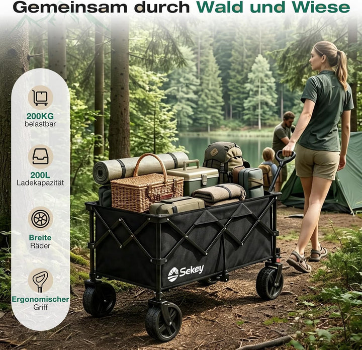 Sekey XXL Plus Bollerwagen Faltbar mit Bremsen 200L 200KG Belastbar, Extra Breite Reifen All Terrain