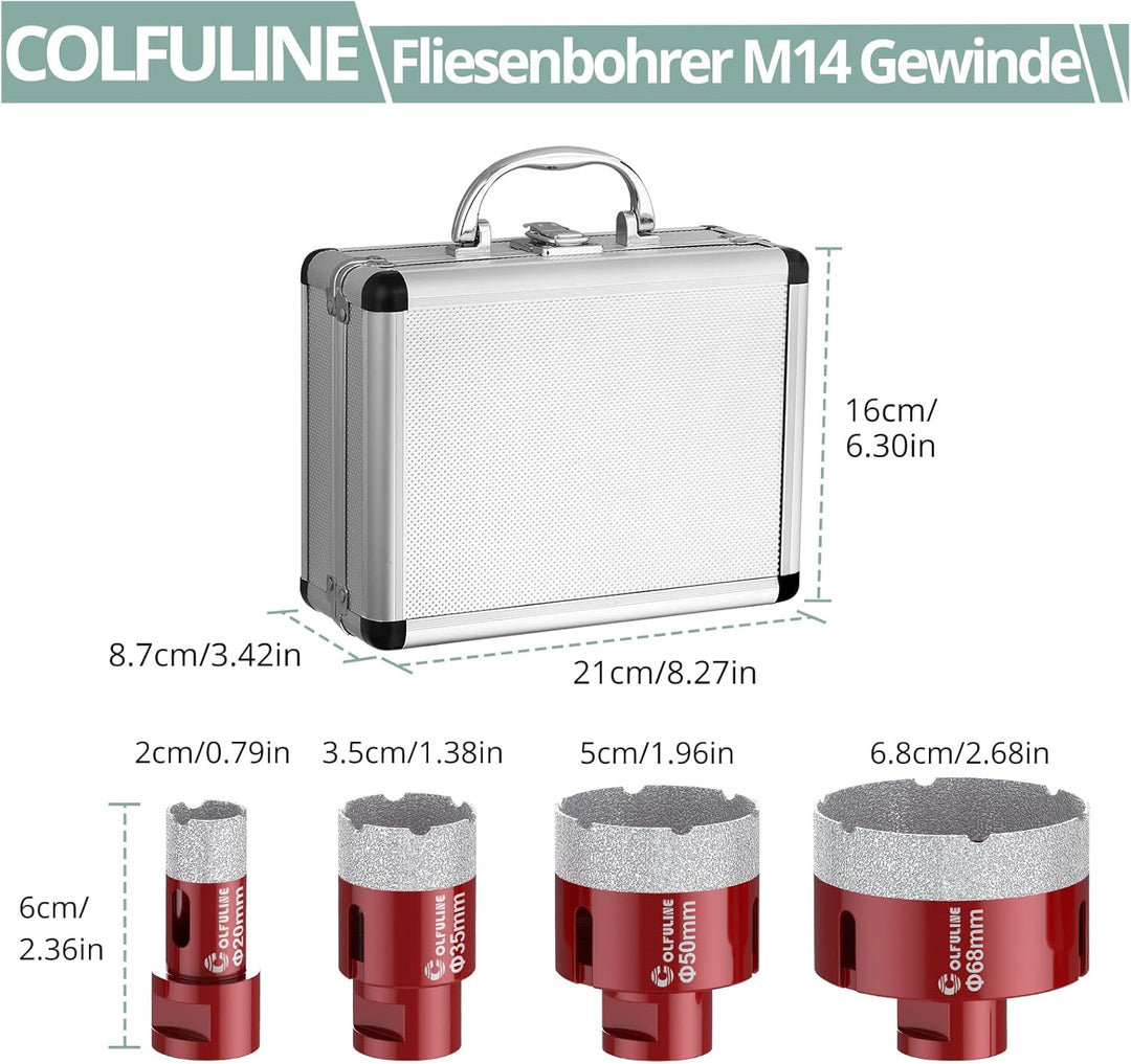 COLFULINE Diamantbohrer Fliesenbohrer Set, 4PCS 20/35/50/68mm Diamantbohrer Fliesenbohrer Glasbohre