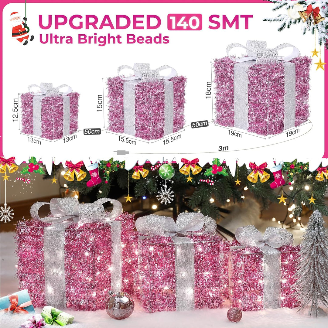Quntis 3 Set LED Geschenkbox Weihnachten, Weihnachtsdeko Innen Strombetrieben, 140 warmweisse LEDs,