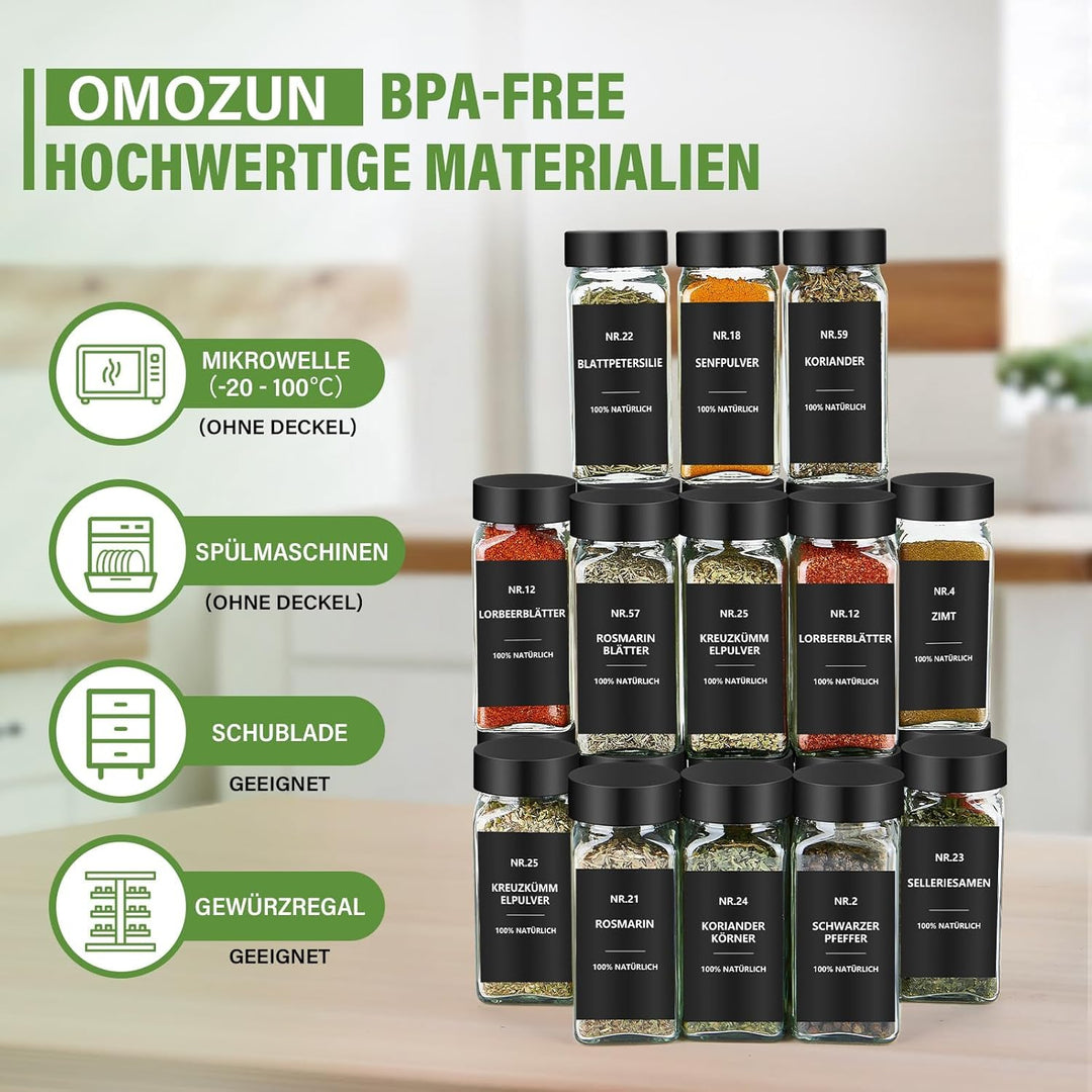Gewürzgläser Eckig mit Etiketten Set 36er: Kleine Gewürzdosen Glas 120ml mit Streueinsatz Wasserfest